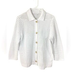 J. Jill Women’s M Petite White Button Front Cotton Blend Open Knit Cardigan